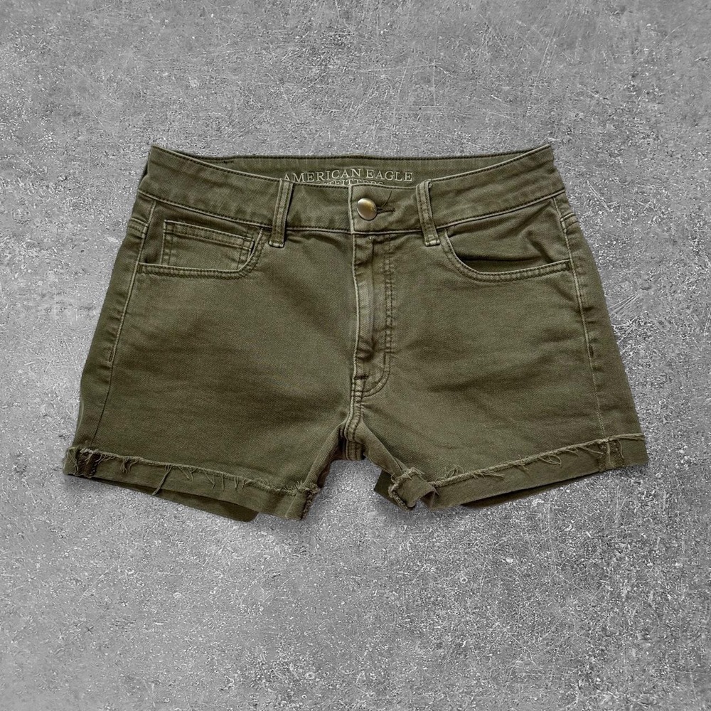 American Eagle Olive Green High Rise Shortie Denim Shorts Size 6 Raw Hem
